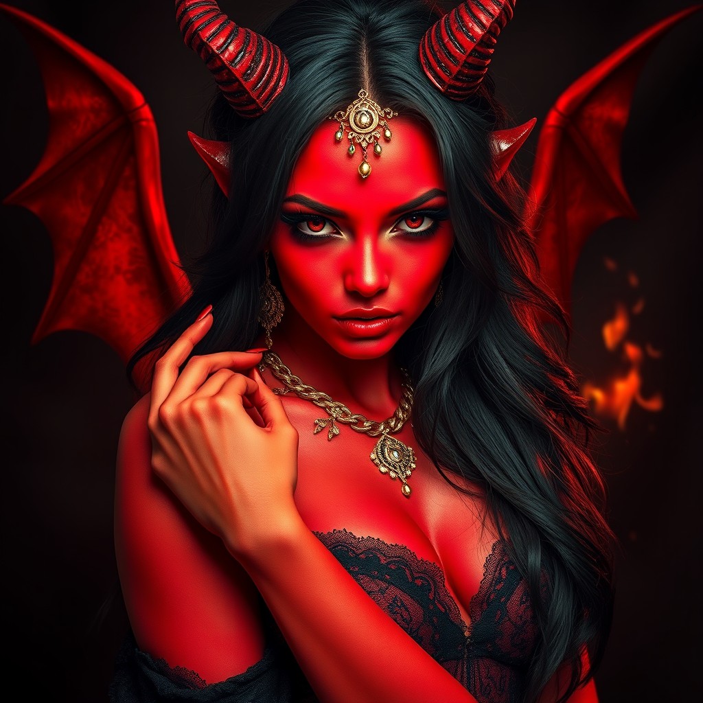 A captivating red devil girl with striking features and an alluring expression