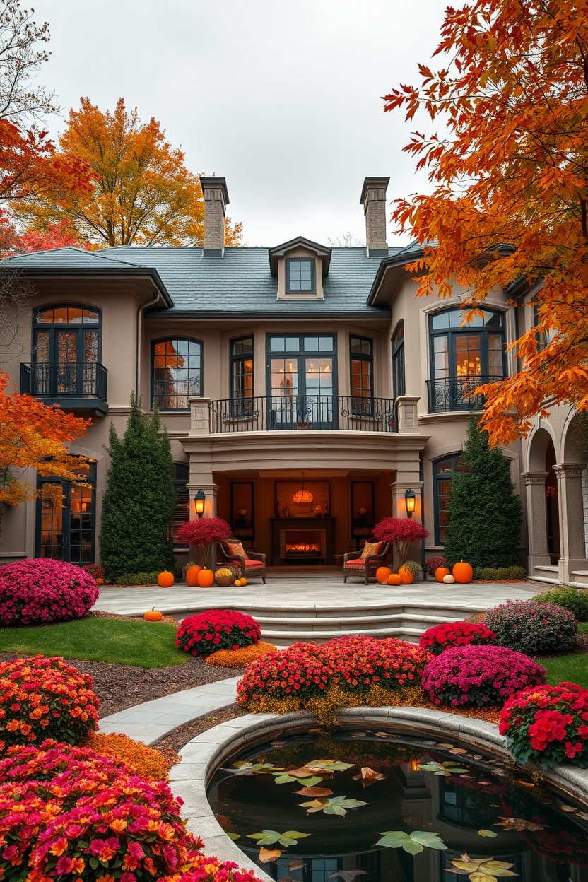 An opulent dream mansion beautifully designed to reflect the personality traits of an October person, featuring warm autumn colors like deep oranges, burgundies, and golds