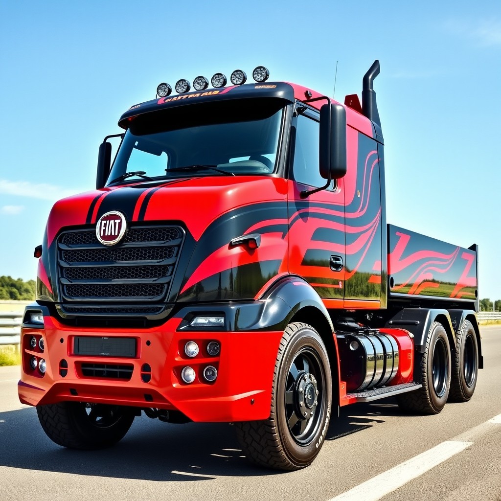 A customized Fiat 682 N3 truck with a 6x2 configuration, showcasing its powerful design and vibrant tuning modifications