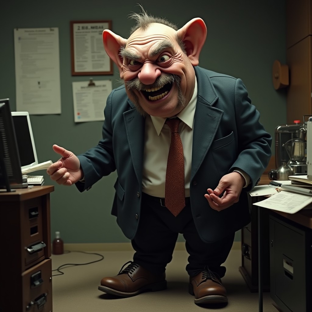 An ugly, grotesque businessman with exaggerated features such as a misshapen head, a long crooked nose, and uneven facial hair
