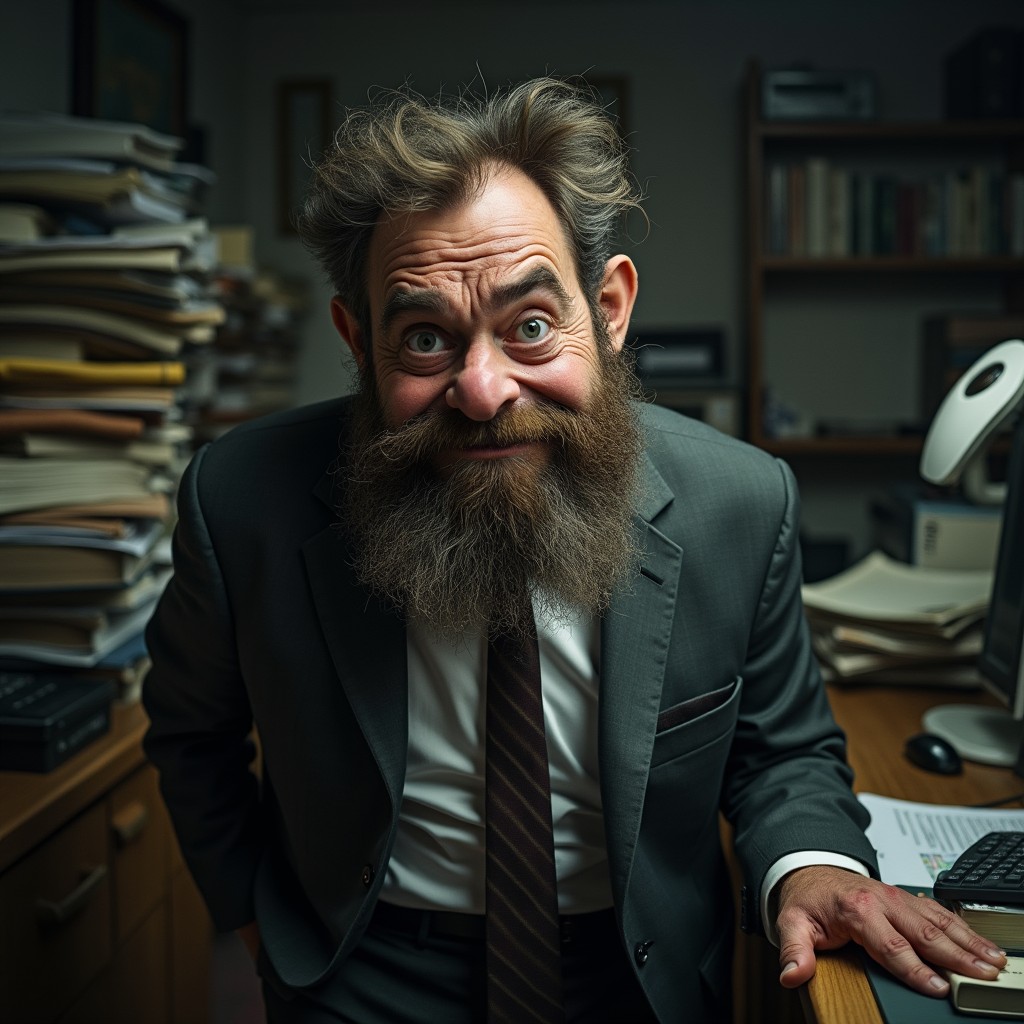 An ugly businessman with a disheveled appearance, featuring a scruffy beard, messy hair, and a wrinkled suit that is slightly too big for him