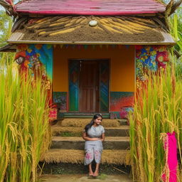 A beautiful Indian teenager girl, dressed in traditional Indonesian farmer's clothing, posing in a bright and beautiful hut in the Indonesian rice fields.