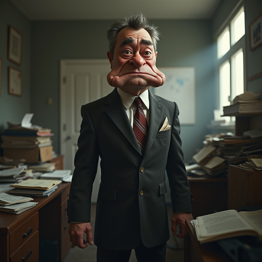 An ugly businessman with exaggerated, unattractive features such as a large, crooked nose, uneven facial hair, and a grim expression