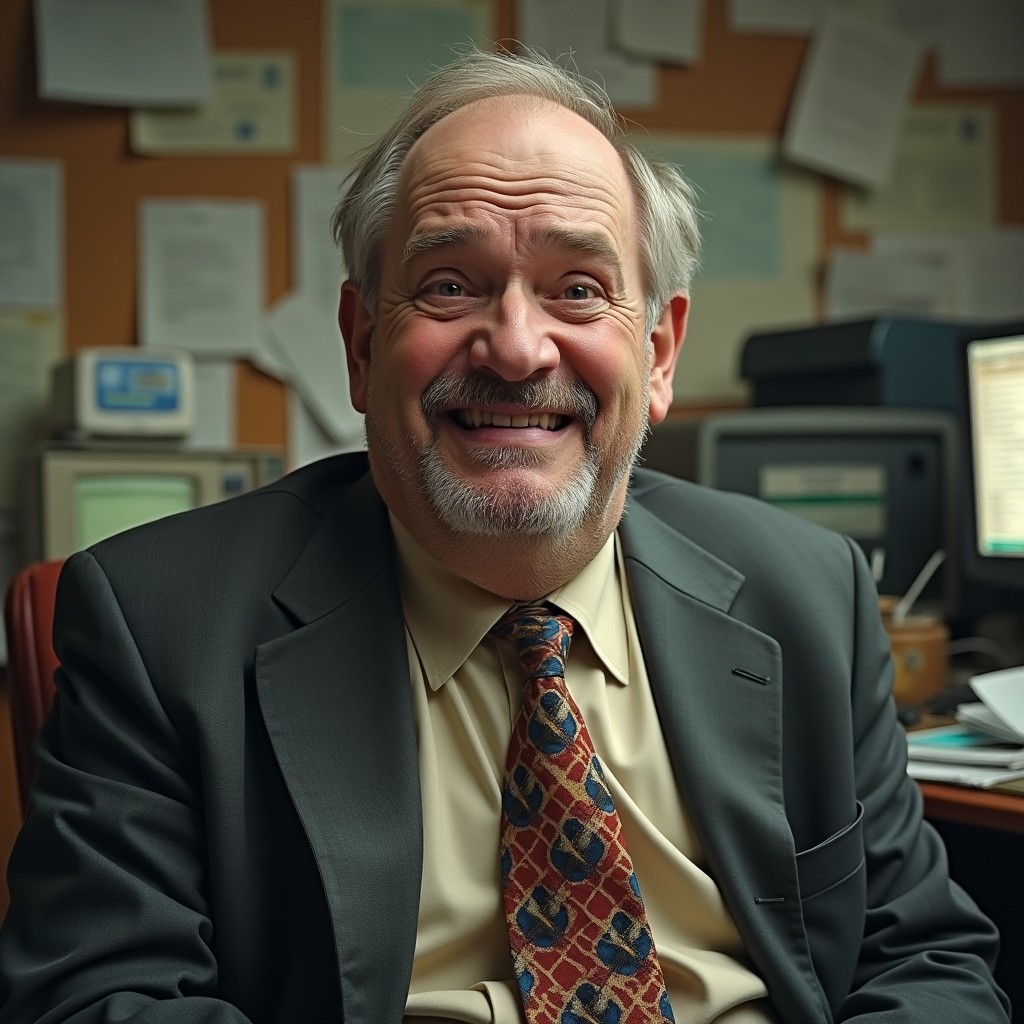 An ugly businessman with a disheveled appearance, featuring a receding hairline, unkempt facial hair, and a crooked smile
