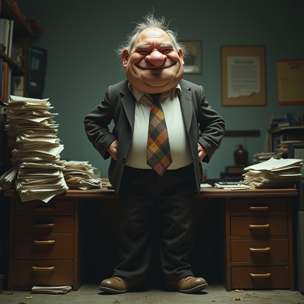 An unattractive businessman with exaggerated features, including a crooked smile, a large bulbous nose, and unkempt hair