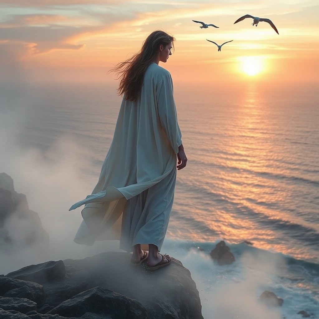 A mystical scene featuring a young man standing on a cliff overlooking a vast, shimmering sea