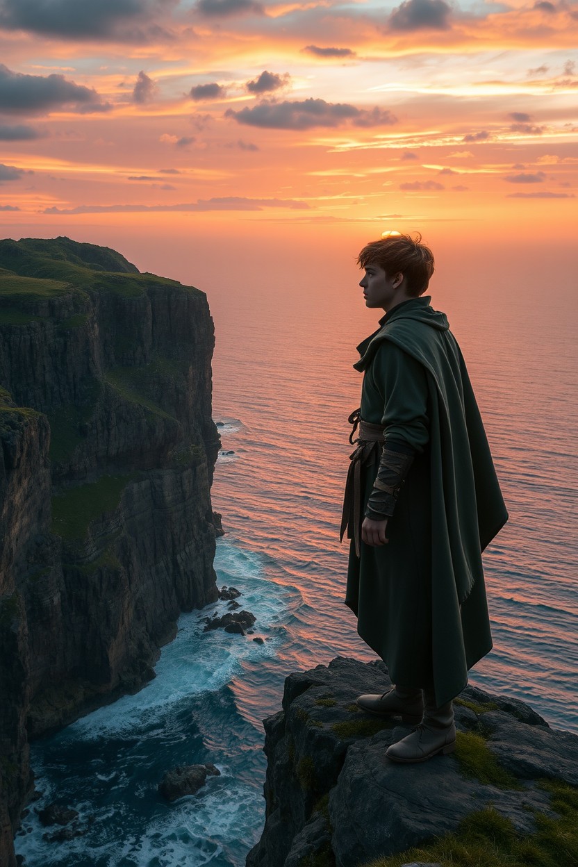 A mystical scene set in the medieval era featuring a young man dressed in period-appropriate clothing standing on a cliff overlooking a vast, serene sea