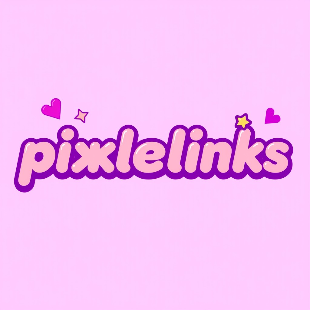 A cute K-Pop logo design featuring the name 'pixlelinks' in vibrant pink and purple colors