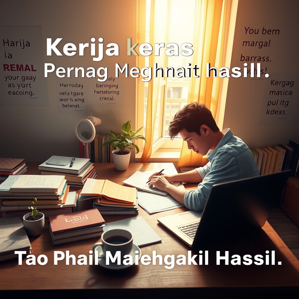A motivational scene depicting the phrase "Kerja Keras Tak Pernah Mengkhianati Hasil" which translates to "Hard work never betrays results"