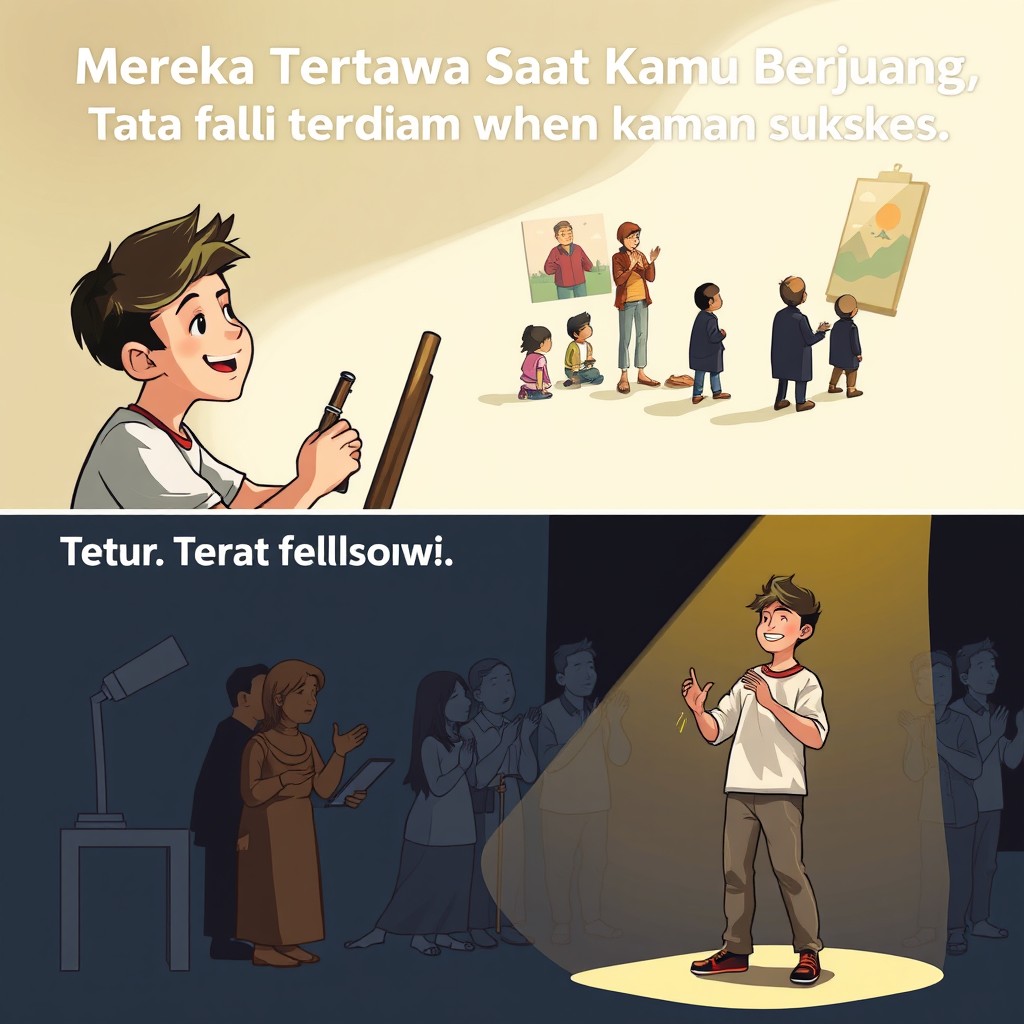 An inspiring scene illustrating the phrase "Mereka Tertawa Saat Kamu Berjuang, Tapi Terdiam Saat Kamu Sukses," which translates to "They laugh when you struggle, but fall silent when you succeed