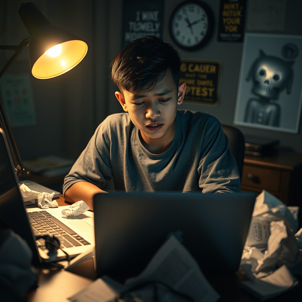 An evocative scene capturing the essence of the phrase "Di Balik Kesuksesan, Ada Malam-Malam yang Penuh Keringat dan Air Mata" which translates to "Behind success, there are nights full of sweat and tears
