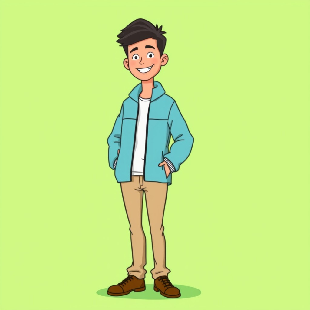 A full-body cartoon illustration of a 33-year-old man standing, in the style of Lizzie McGuire (Disney Channel)