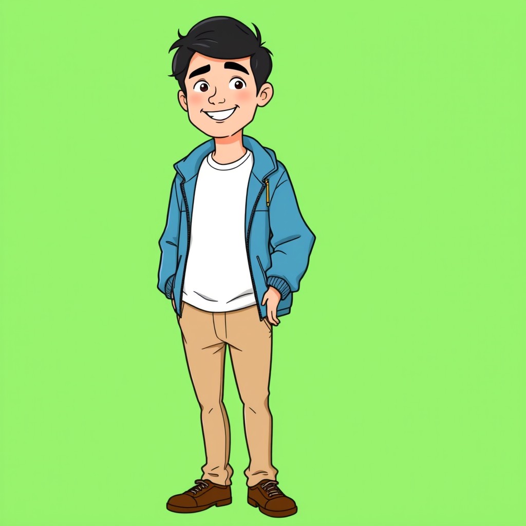 A full-body cartoon illustration of a 35-year-old man standing, in the style of Lizzie McGuire (Disney Channel)