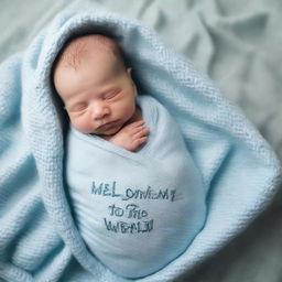 A newborn baby boy swaddled in a baby blue blanket, with 'Welcome to the world' softly written in the background.