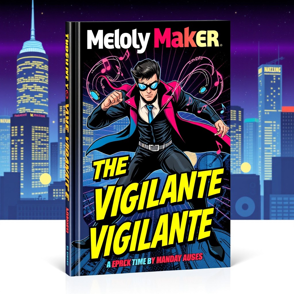 A vibrant and dynamic book cover design for 'The Vinyl Vigilante' by Melody Maker, showcasing a music-themed superhero in action