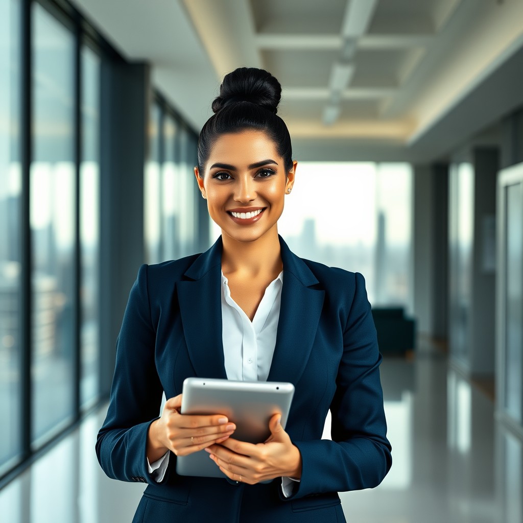 A confident Latin boss lady standing in a modern office