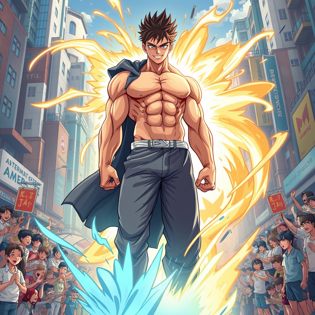 An awe-inspiring and dynamic illustration depicting a physical transformation scene, showcasing a character undergoing an impressive metamorphosis