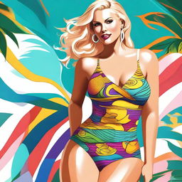 A digital art image showcasing a voluptuous blonde woman donned in a stylish swimsuit