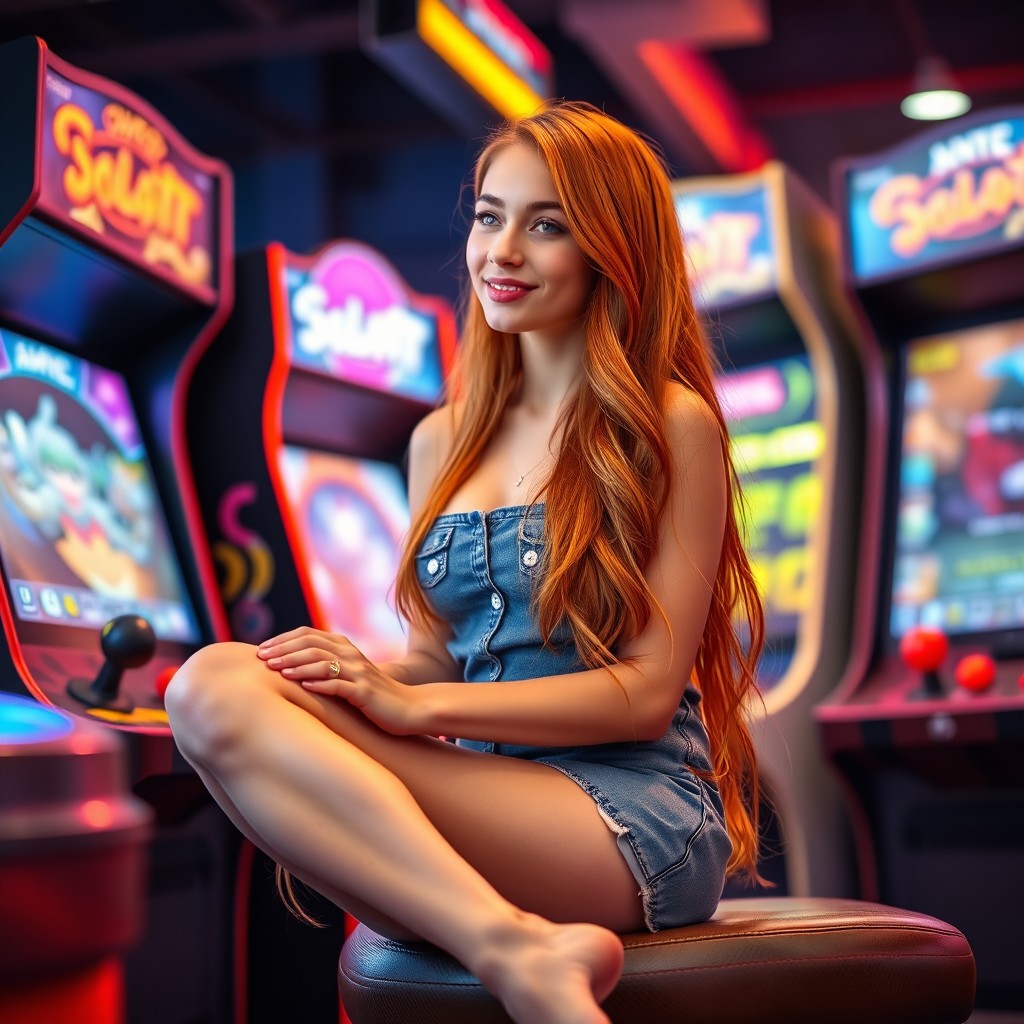 A beautiful real young woman with long orange hair, wearing a short denim dress, sitting and showcasing her lovely legs and cute thighs while enjoying arcade gaming