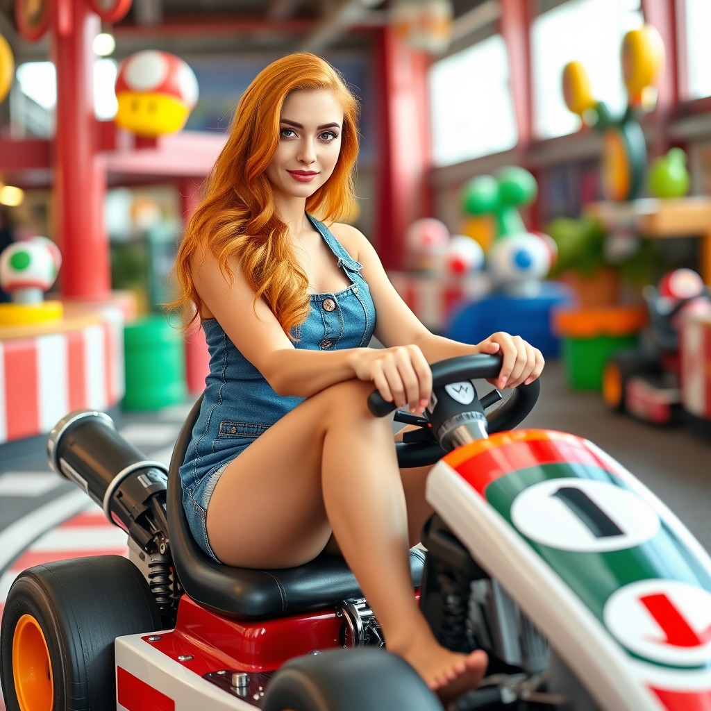 A beautiful real woman standing with long orange hair, wearing a short denim dress that showcases her lovely legs and cute thighs, sitting and driving a Mario Kart