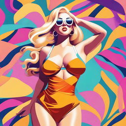 A digital art image showcasing a voluptuous blonde woman donned in a stylish swimsuit