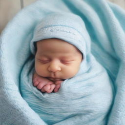 A newborn baby boy swaddled in a baby blue blanket, with 'Welcome to the world' softly written in the background.