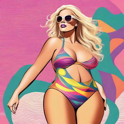 A digital art image showcasing a voluptuous blonde woman donned in a stylish swimsuit