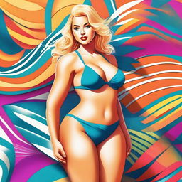 A digital art image showcasing a voluptuous blonde woman donned in a stylish swimsuit