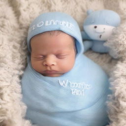 A newborn baby boy swaddled in a baby blue blanket, with 'Welcome to the world' softly written in the background.