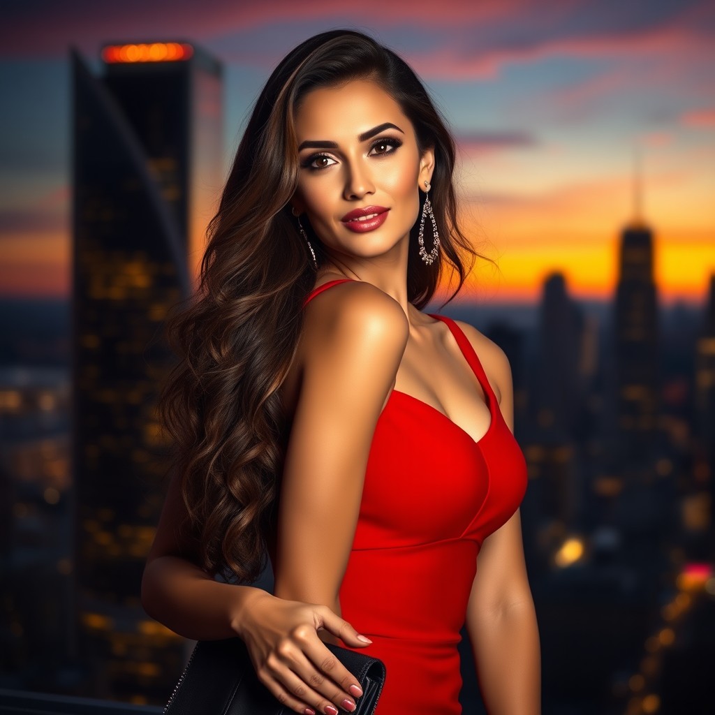 A captivating scene featuring a beautiful and confident woman with long wavy hair, wearing a stylish, form-fitting red dress that accentuates her curves