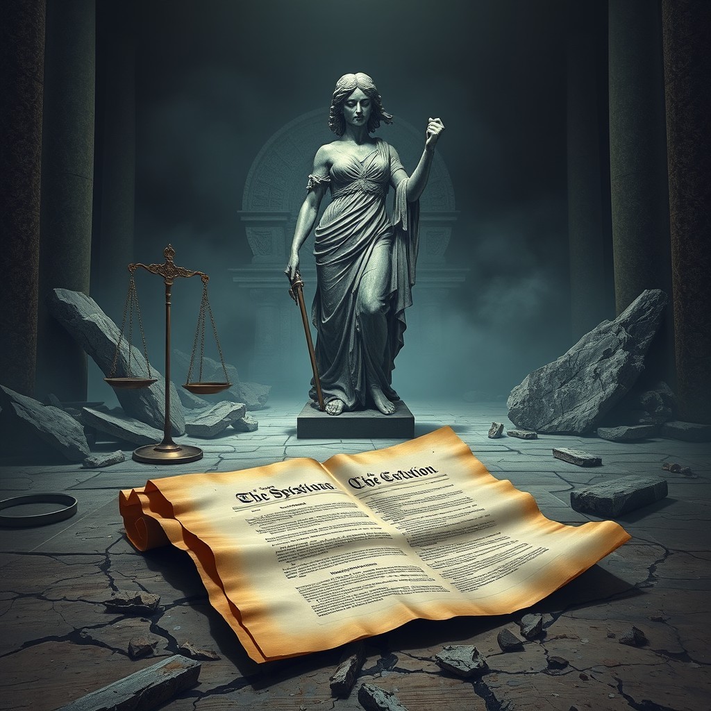 A realistic depiction of the ruins of Themis, with a foreboding atmosphere