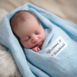 A newborn baby boy swaddled in a baby blue blanket, with 'Welcome to the world' softly written in the background.