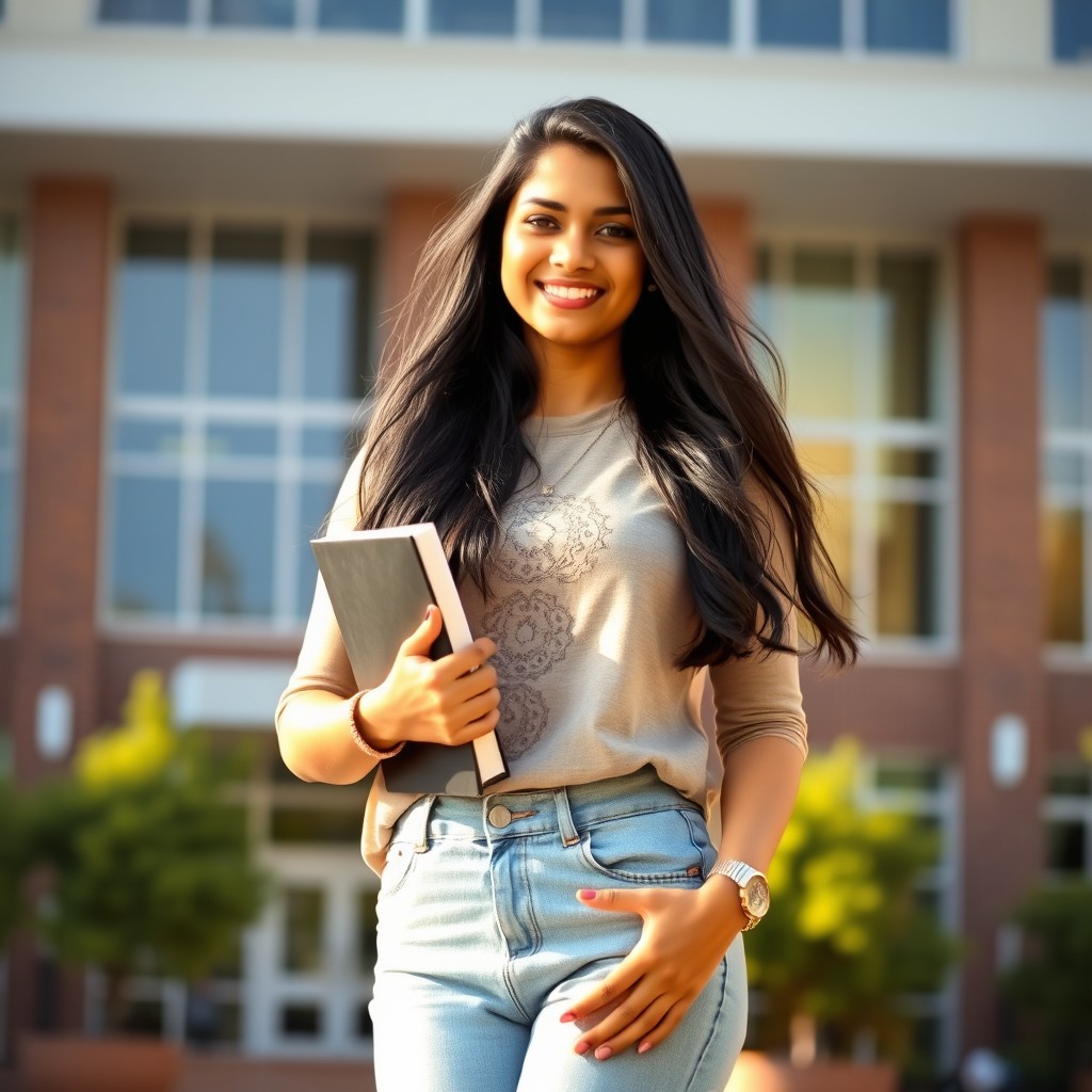 A stunning 25-year-old Indian college girl standing confidently in front of a modern college building