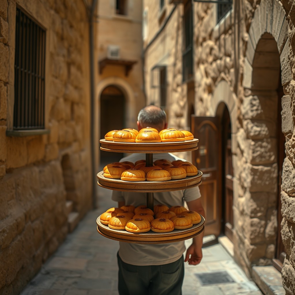 In an old town alley, a thirty-year-old Palestinian man walks with a straight back despite the weight of a three-tier wooden shelf he carries