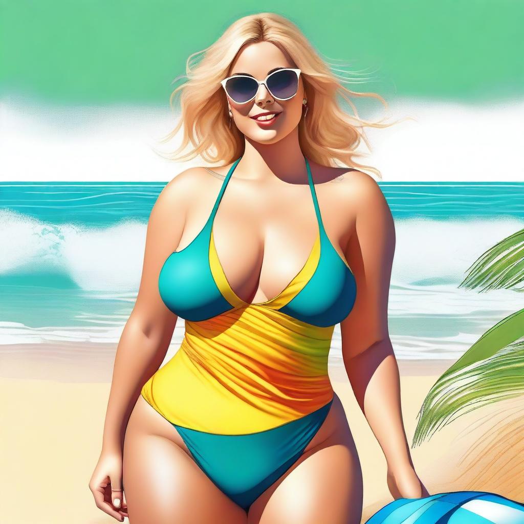 A high-quality, realistic digital art image displaying a curvaceous blonde woman in a fashionable swimsuit