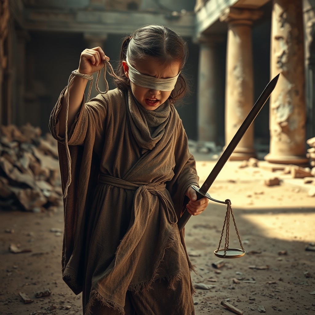 A young girl in a tattered robe, expressing anger as she tears off her blindfold with one hand