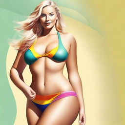 A high-quality, realistic digital art image displaying a curvaceous blonde woman in a fashionable swimsuit