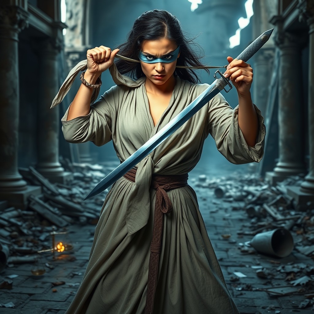 A fierce young woman, around 30 years old, with a determined and angry expression, is depicted wearing a flowing robe
