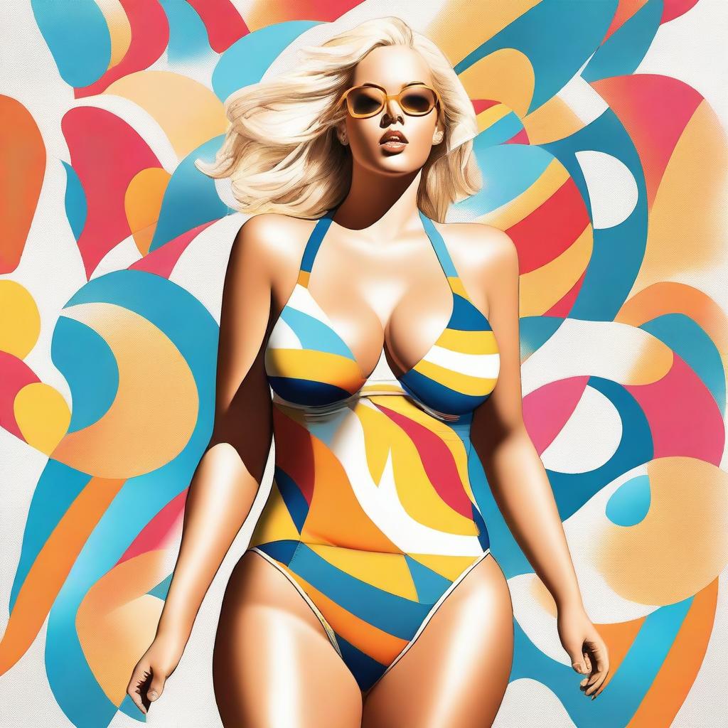 A high-quality, realistic digital art image displaying a curvaceous blonde woman in a fashionable swimsuit