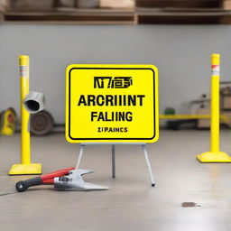 A warning sign reading 'Stay Alert for Falling Tools.' Positioned in a construction or maintenance area, with tools and construction materials in background hinting at potential hazards.