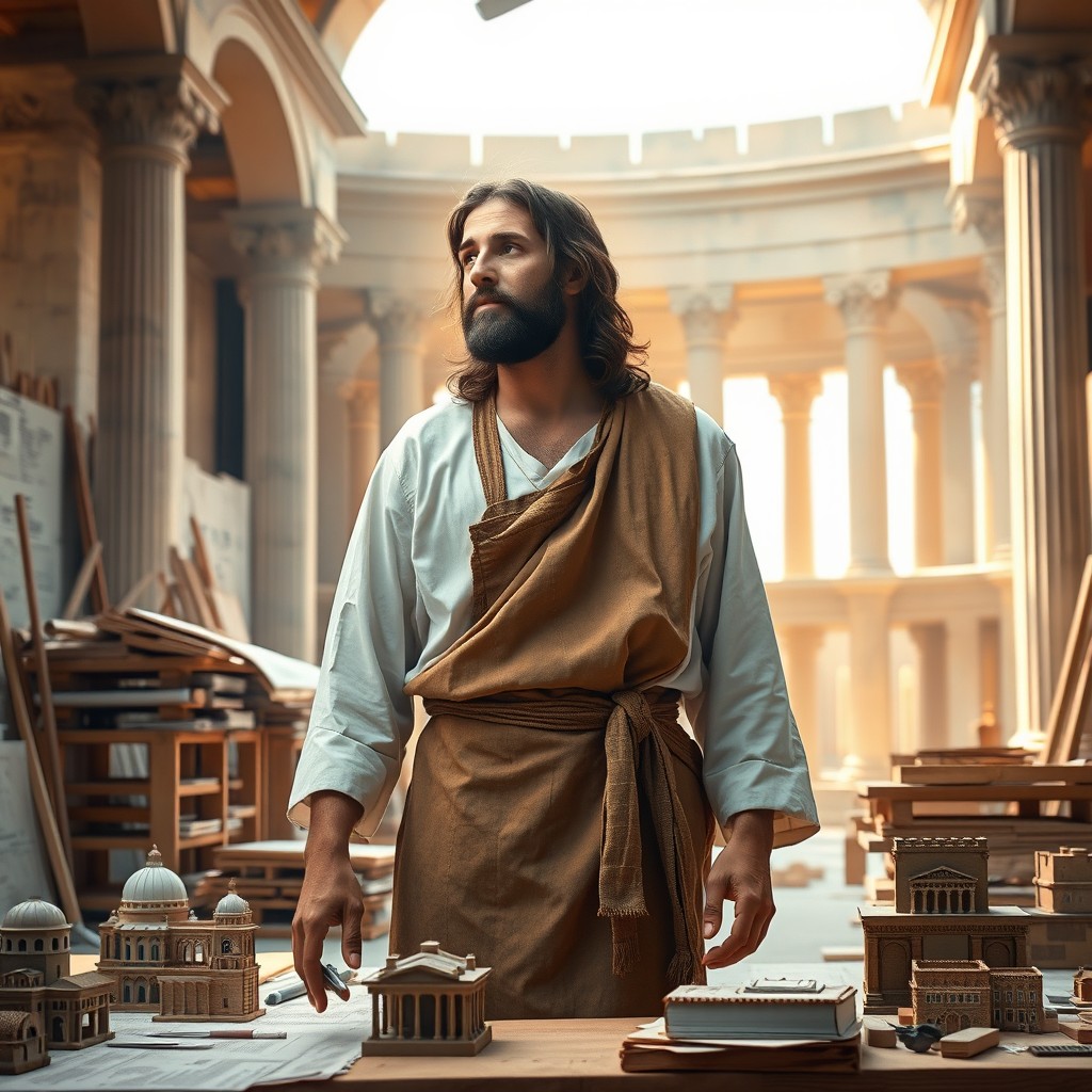 An artistic interpretation of Jesus as an architect, showcasing him in a creative workshop filled with blueprints, models of buildings, and architectural tools