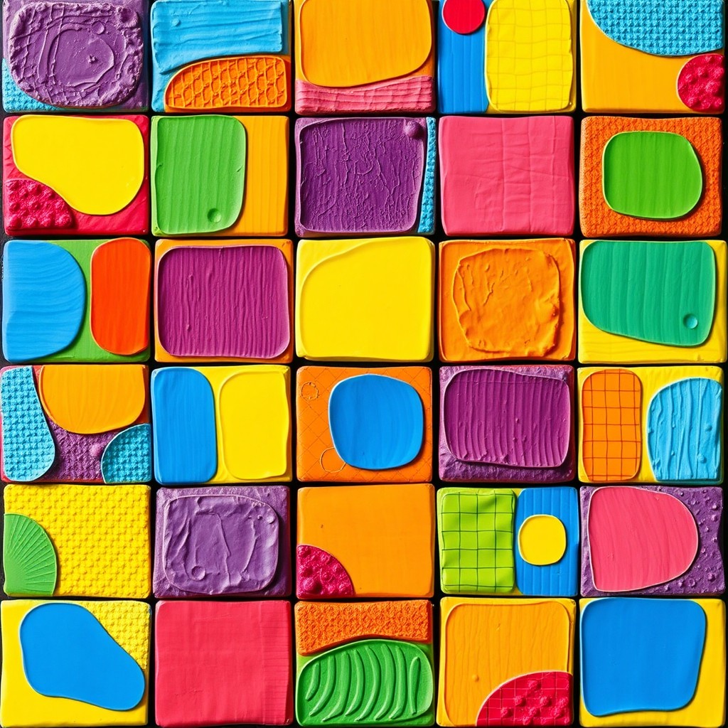 A vibrant 10x10 grid made up of colorful, abstract shapes that vary in size and design, forming an engaging mosaic pattern