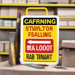 A warning sign reading 'Stay Alert for Falling Tools.' Positioned in a construction or maintenance area, with tools and construction materials in background hinting at potential hazards.