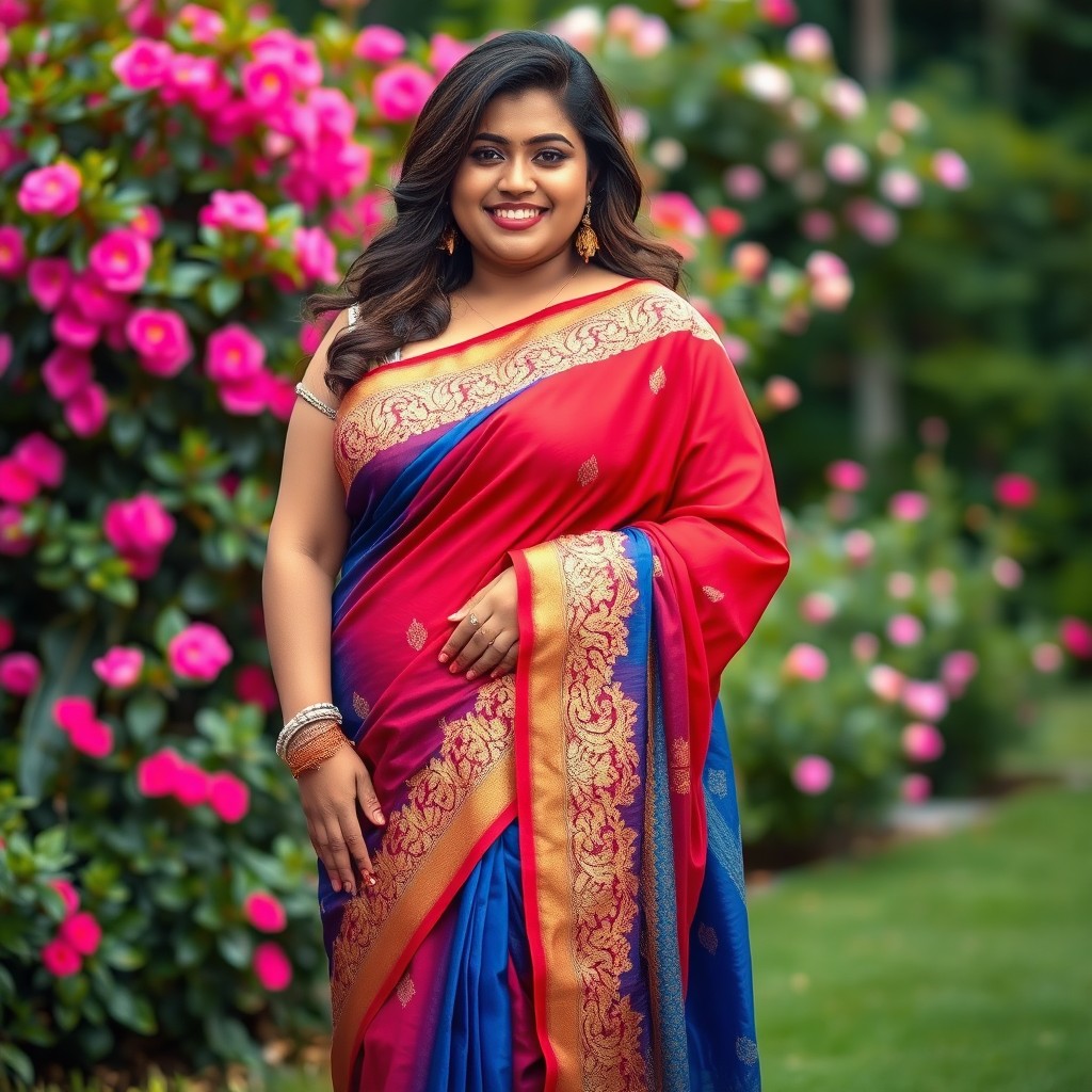 A confident plus-size woman wearing a stunning, vibrant saree that drapes beautifully, showcasing her curves
