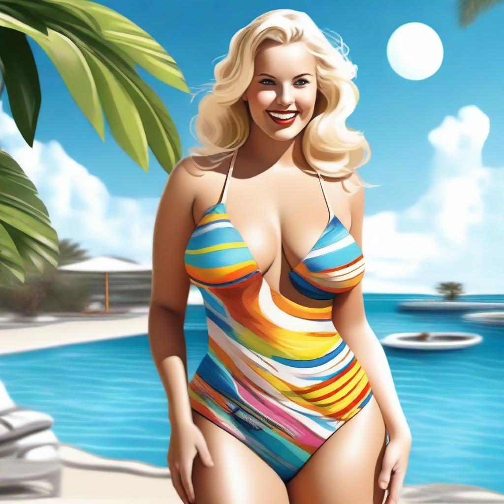 An ultra-high quality, realistic digital art image featuring a curvaceous blonde woman adorned in a stylish swimsuit