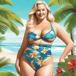 An ultra-high quality, realistic digital art image featuring a curvaceous blonde woman adorned in a stylish swimsuit