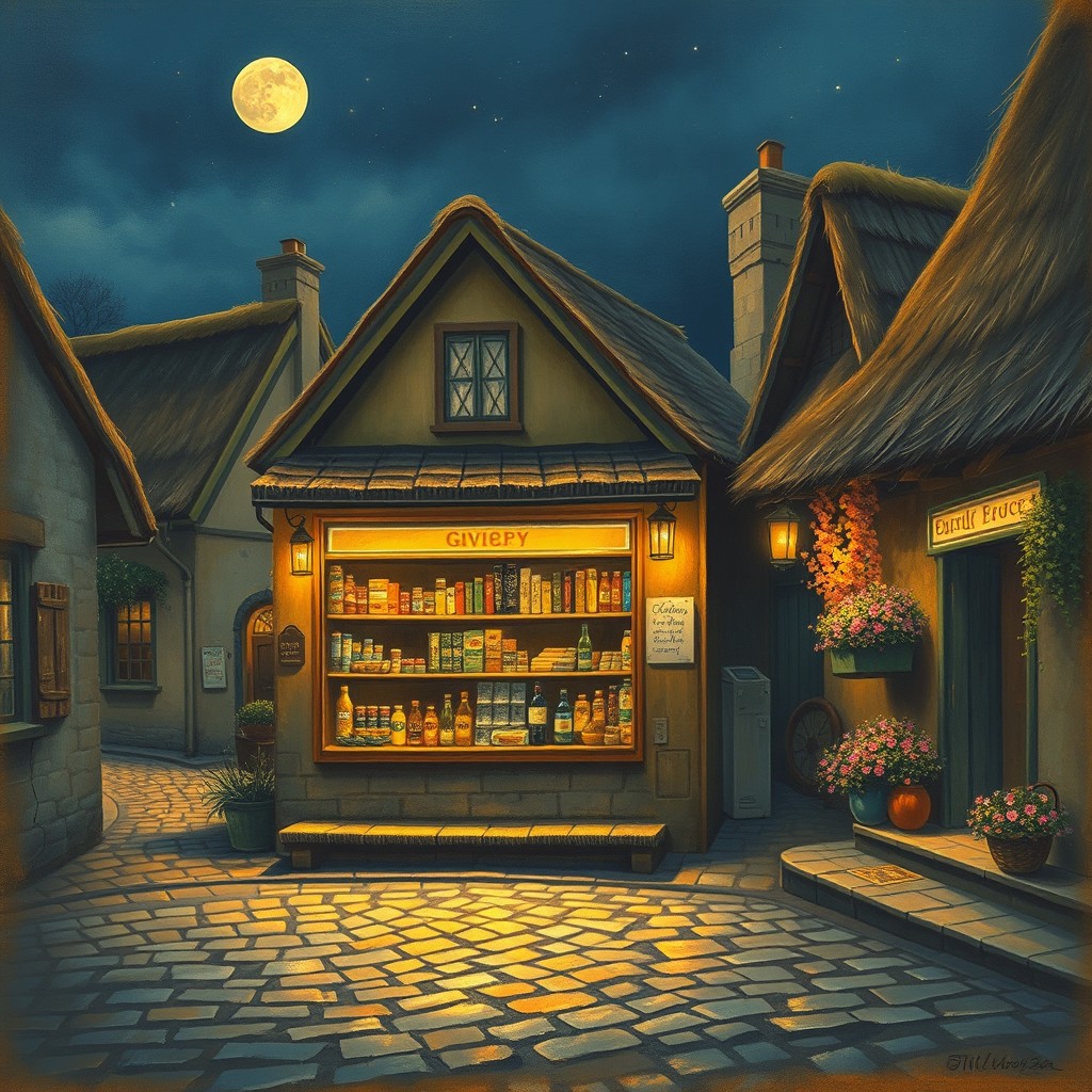 A vintage painting depicting a charming small grocery shop located in a quaint village during night time