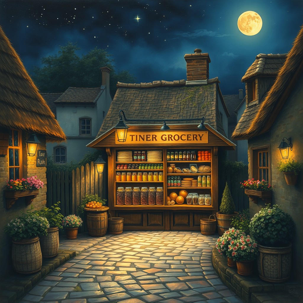 A vintage painting depicting a quaint small box grocery shop nestled in a picturesque village during the night