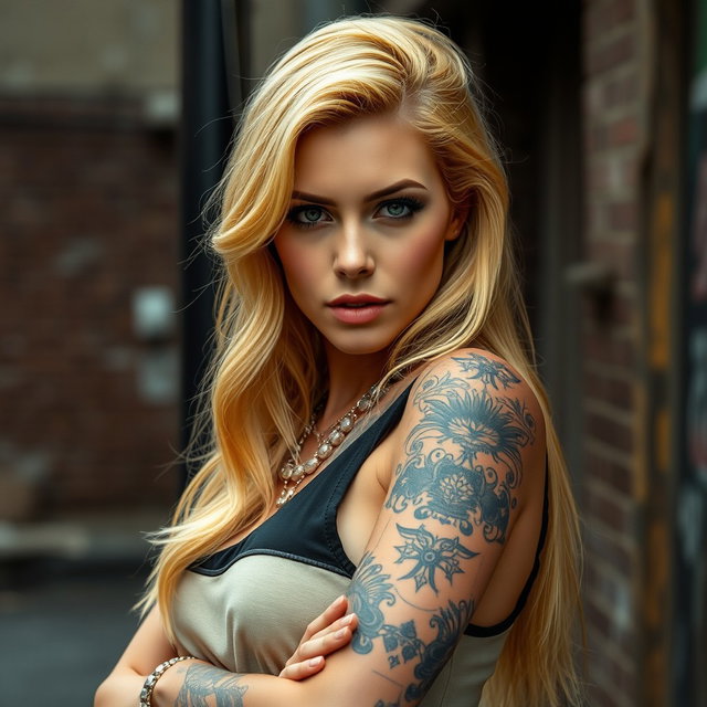 a beautiful woman with long yellow hair styled in loose waves, wearing a stylish outfit that exudes a gangster vibe; she has a prominent tattoo on her arm, featuring intricate designs and bold lines; her confident stance and piercing gaze convey a sense of strength and allure; the background is a gritty urban setting, enhancing the overall aesthetic of rebellion and style