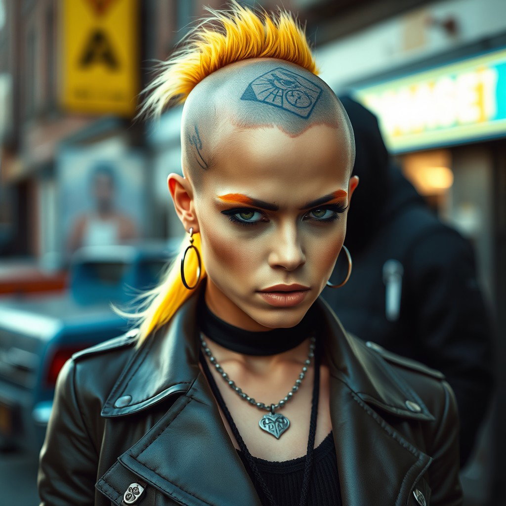 a stunning woman with vibrant yellow hair styled into a chic, edgy look, featuring a bold tattoo covering part of her bald head; she exudes confidence and attitude, dressed in a fashionable gangster-inspired outfit that includes a tailored jacket and accessories; her striking features are enhanced by her dramatic makeup, and the scene is set against a gritty urban backdrop that complements her rebellious spirit